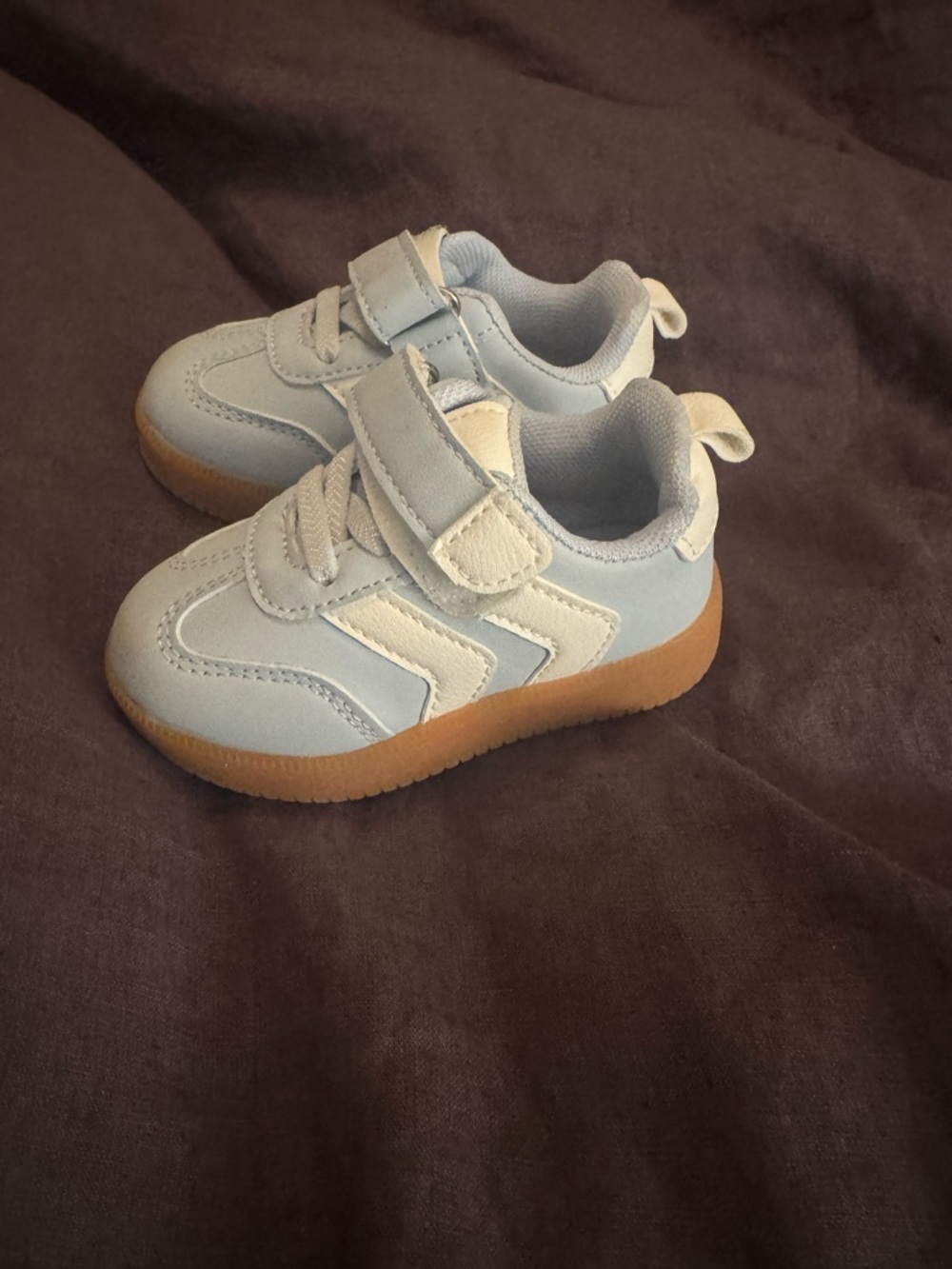 Baby Light Blue and Tan Velcro Sneakers first step size four baby ran small